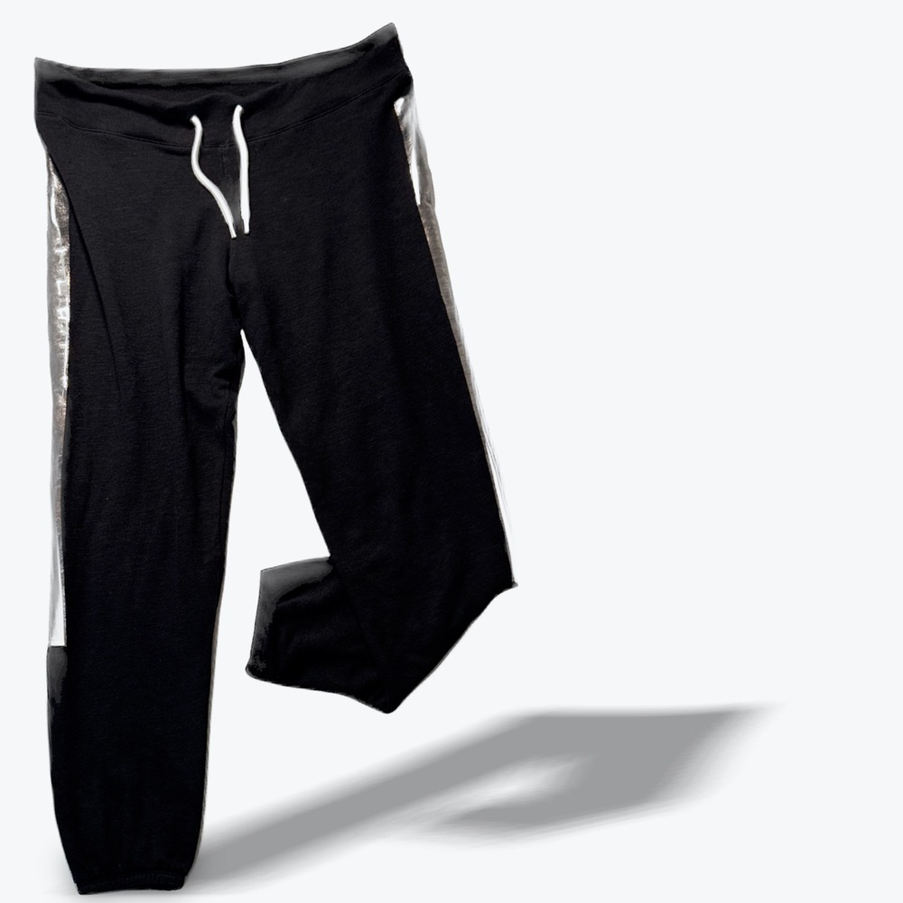 Monrow Low Rise Jogger Sweatpants Womens XS Black Metallic Silver Stripe USA